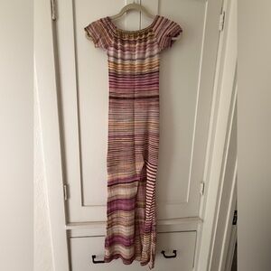 Multicolor Striped Off-Shoulder Dress in Pink, Tan & Gold. Sexy front slit!